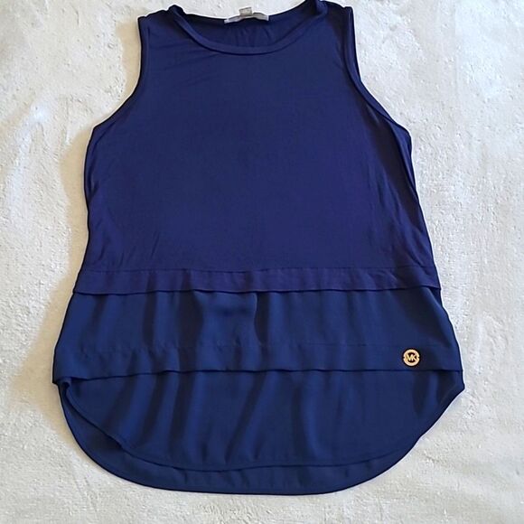 Michael Kors Womens Small Tiered Sleeveless Tank Top Blouse Round Hem Navy Blue - Picture 1 of 15